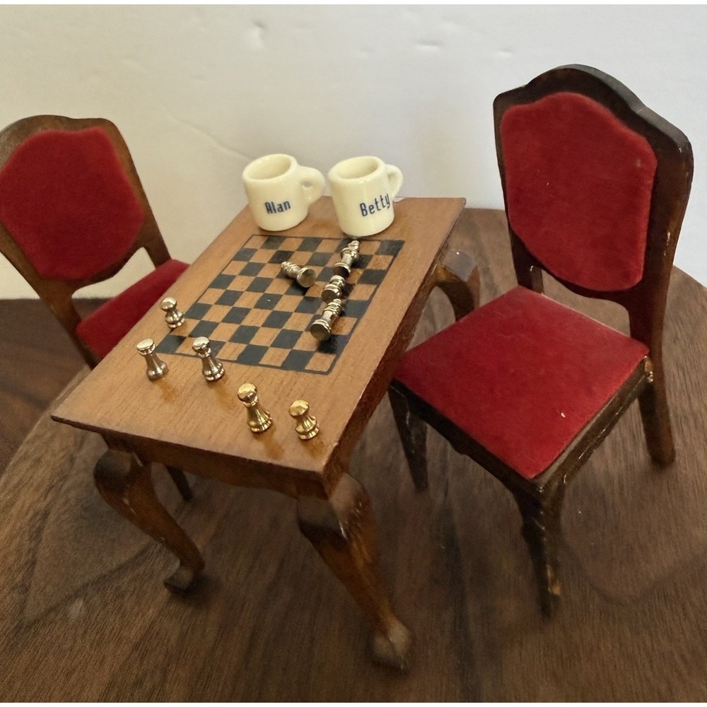 Dollhouse Lot Chess Set Board Marquetry Game Table Chairs Miniature 1:12 Vintage - Picture 3 of 5